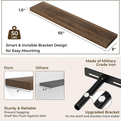 RICHFOCUS 55Inch Floating Shelves for Wall 1 Pack Shelves for Bedroom|Kitchen|Bathroom Wall Mounted