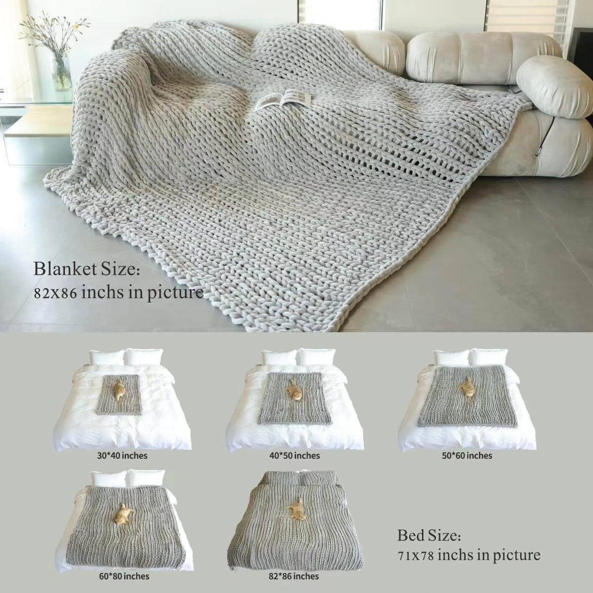 Maetoow Chenille Chunky Knit Blanket Throw （82×86 Inch）, Handmade Warm & Cozy Blanket Couch, Bed