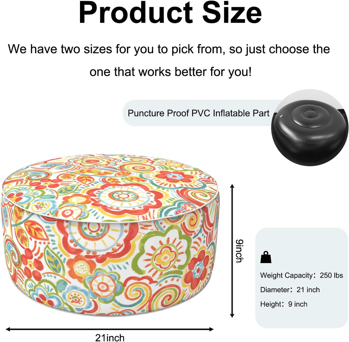 Inflatable Ottoman Stool D21 xH9 for Outdoor/Indoor Use, Water Repellent Patio Foot Rest Stool with