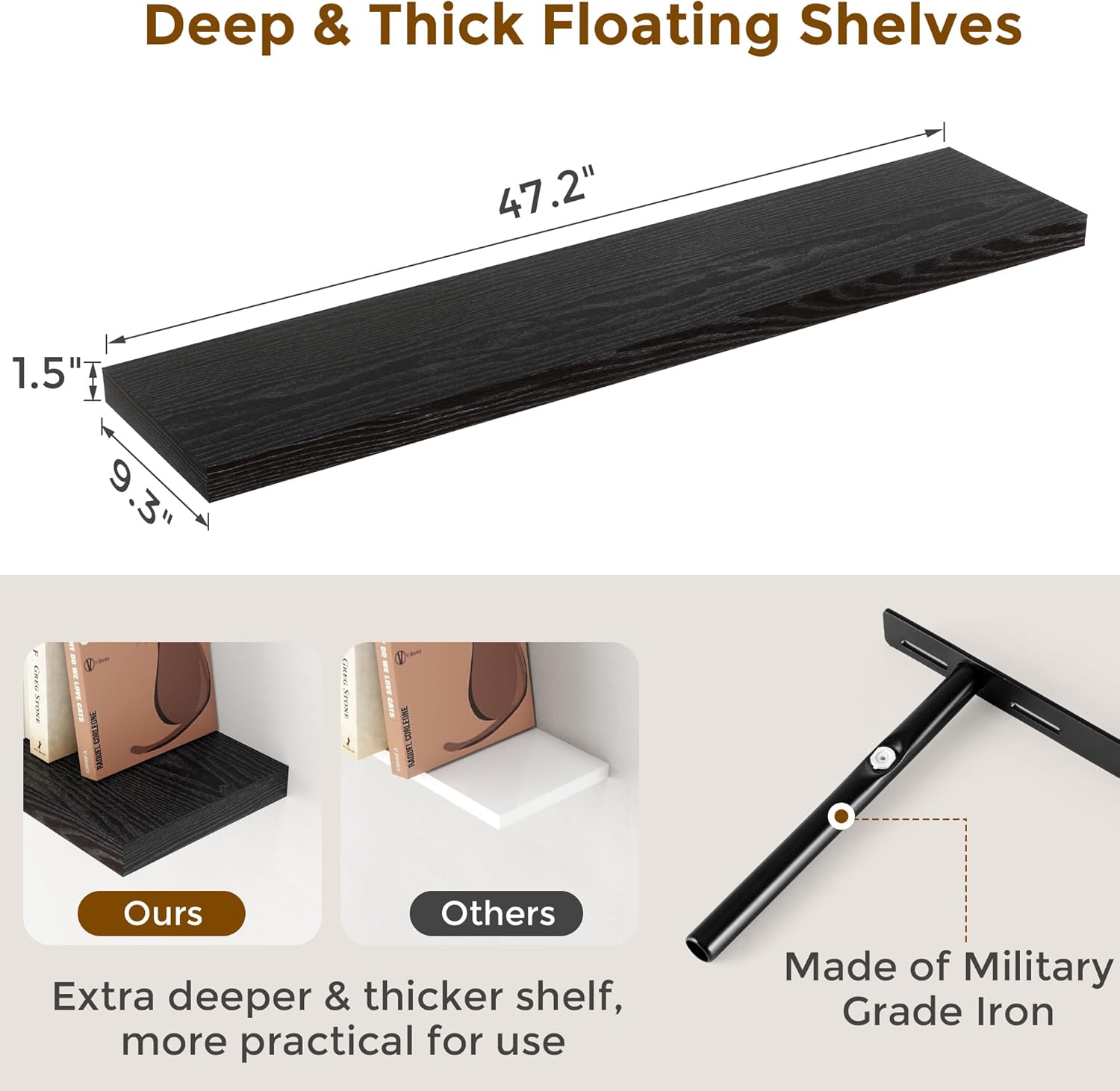 48 Inch Floating Shelves Black, Rustic Wood Floating Shelf Wall Mounted, 9 Inch Deep Floating Shelf
