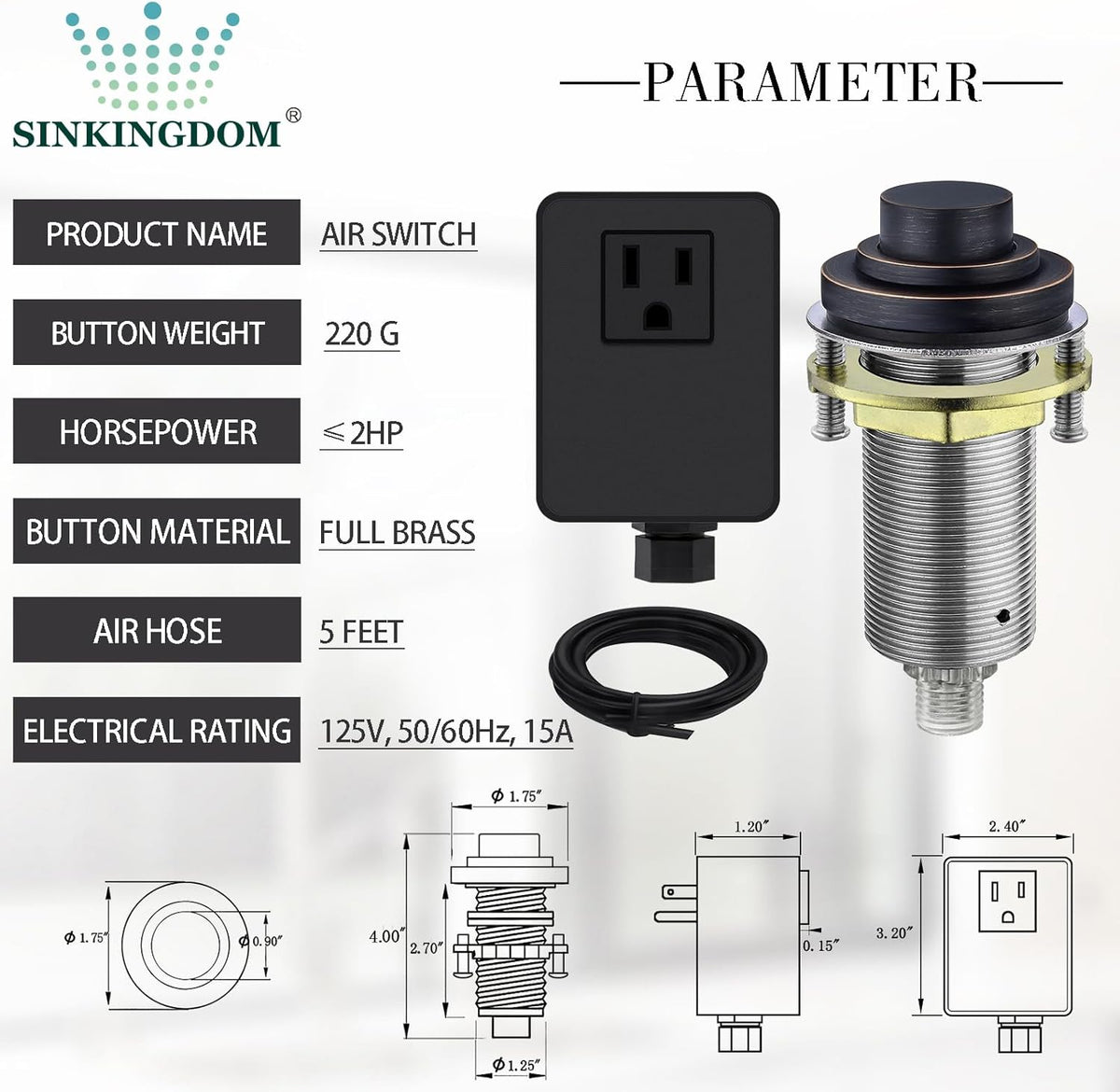 SinkTop Air Switch Kit (Long Full Brass Button) for Garbage Disposal, Cordless Oil Rubbed Bronze