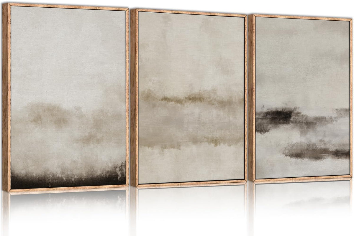 HPINUB Large Abstract Framed Canvas Wall Art Set,Minimalist Beige Gray Pastel Watercolor Wall