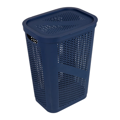 Mind Reader Slim Laundry Hamper with Lid, 60L Clothes Basket, Ventilated Plastic, Navy