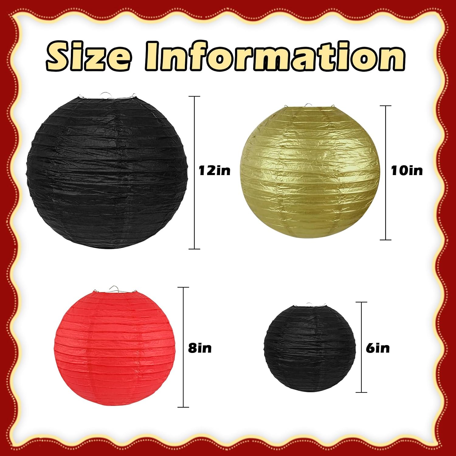 12Pcs Round Paper Lanterns Assorted Sizes (6" 8" 10" 12") for Home Decor, Wedding, Birthday