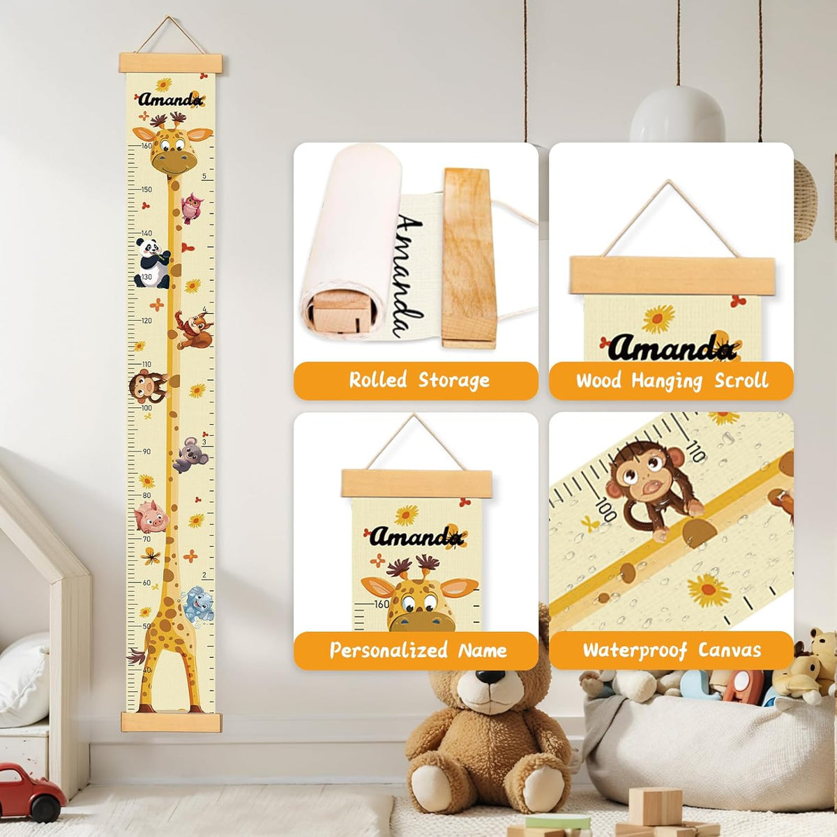 Personalized Name Growth Chart Wall Decor for Kids – Canvas Removable Height Chart Measuring Ruler