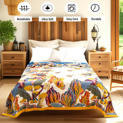 Boho Large Throw Blanket, 100% Organic Cotton Breathable Soft Bed King Throw - Fall Floral Bird