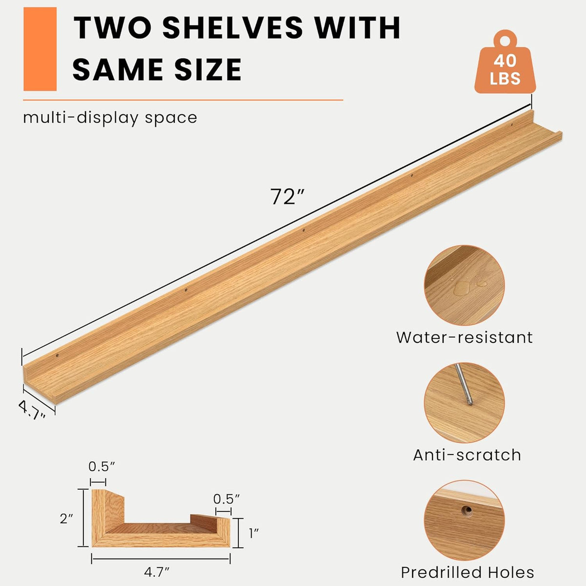 Heimlove Picture Ledge Shelf, Floating Shelves Set of 2, 72 Inches Long Large Picture Shelf for