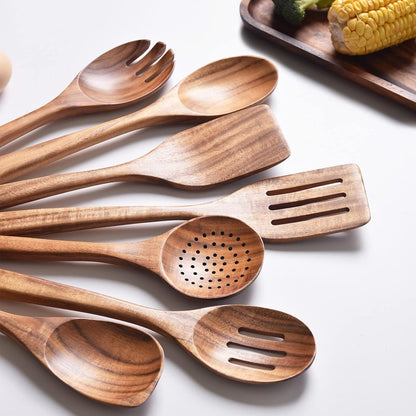 Gudamaye 13 inch Long Wooden Utensils for Cooking, Long Handle Wooden Spoons for Cooking, 7 PCES