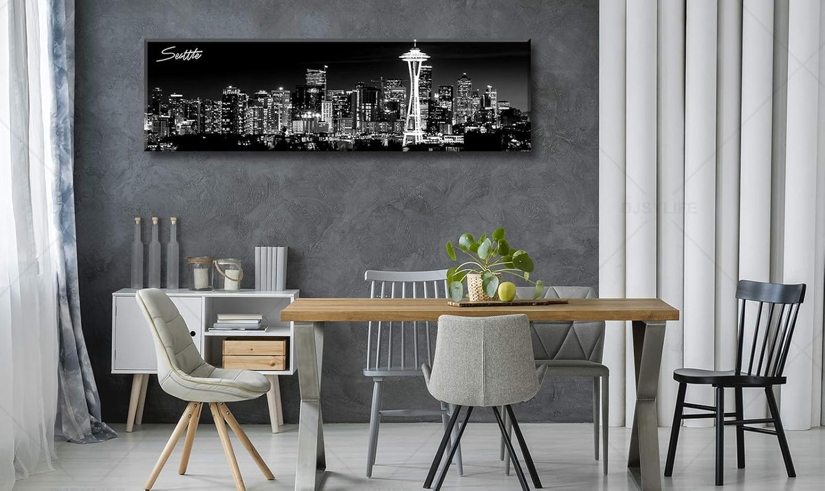 Seattle City Skyline Wall Art Black and White Canvas Prints Panorama Cityscape Picture Night View