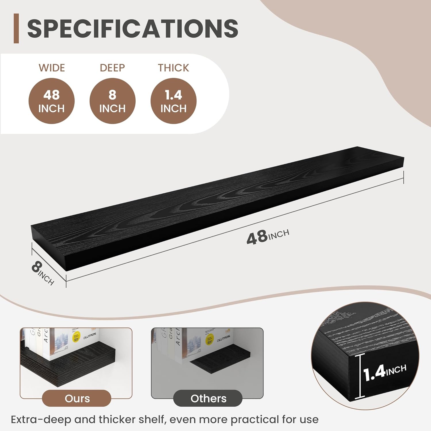 48 Inch Floating Shelves, 8 Inch Deep Floating Shelves for Wall, Hanging Shelf with Invisible