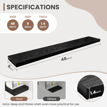 48 Inch Floating Shelves, 8 Inch Deep Floating Shelves for Wall, Hanging Shelf with Invisible