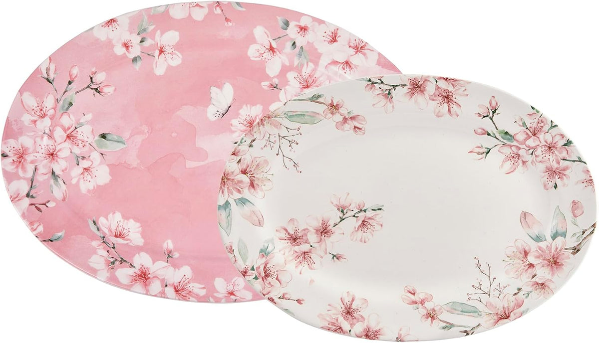 Bico Spring Sakura 16 plus 14 inch Ceramic Oval Platters Set, Set of 2, Microwave & Dishwasher