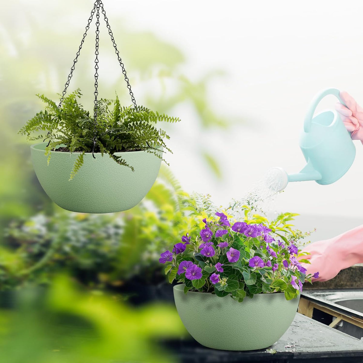13 inch Large Hanging Planters Plant Pots for Outdoor Indoor Plants with Drainage Holes and Chain