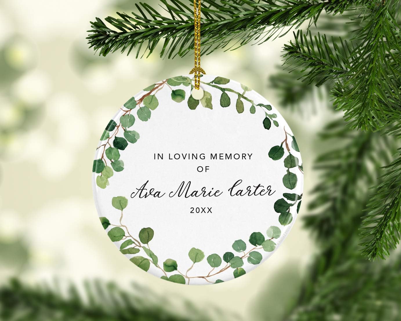 Andaz Press Personalized Round Ceramic Porcelain Christmas Tree Keepsake Gift, in Loving Memory of