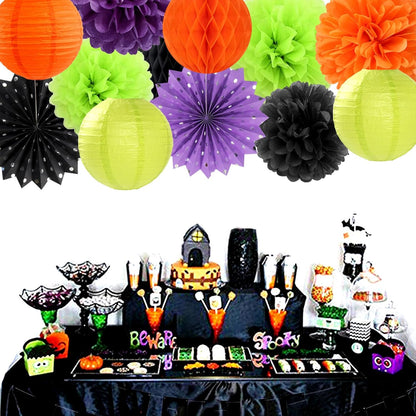 Black-Orange Purple Green Halloween Party-Decorations - 14pc Kit Paper Lanterns Fan,Tissue Flower
