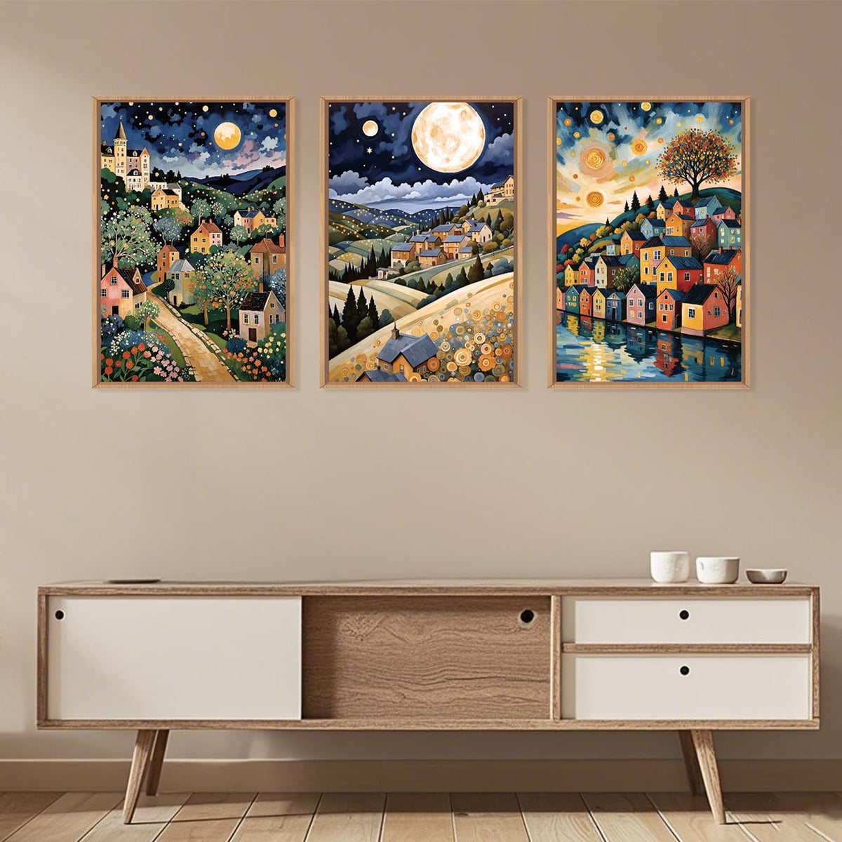 LHIUEM Large Abstract Colorful Framed Canvas Wall Art,Retro Night Village Wall Decor,Natural Moon
