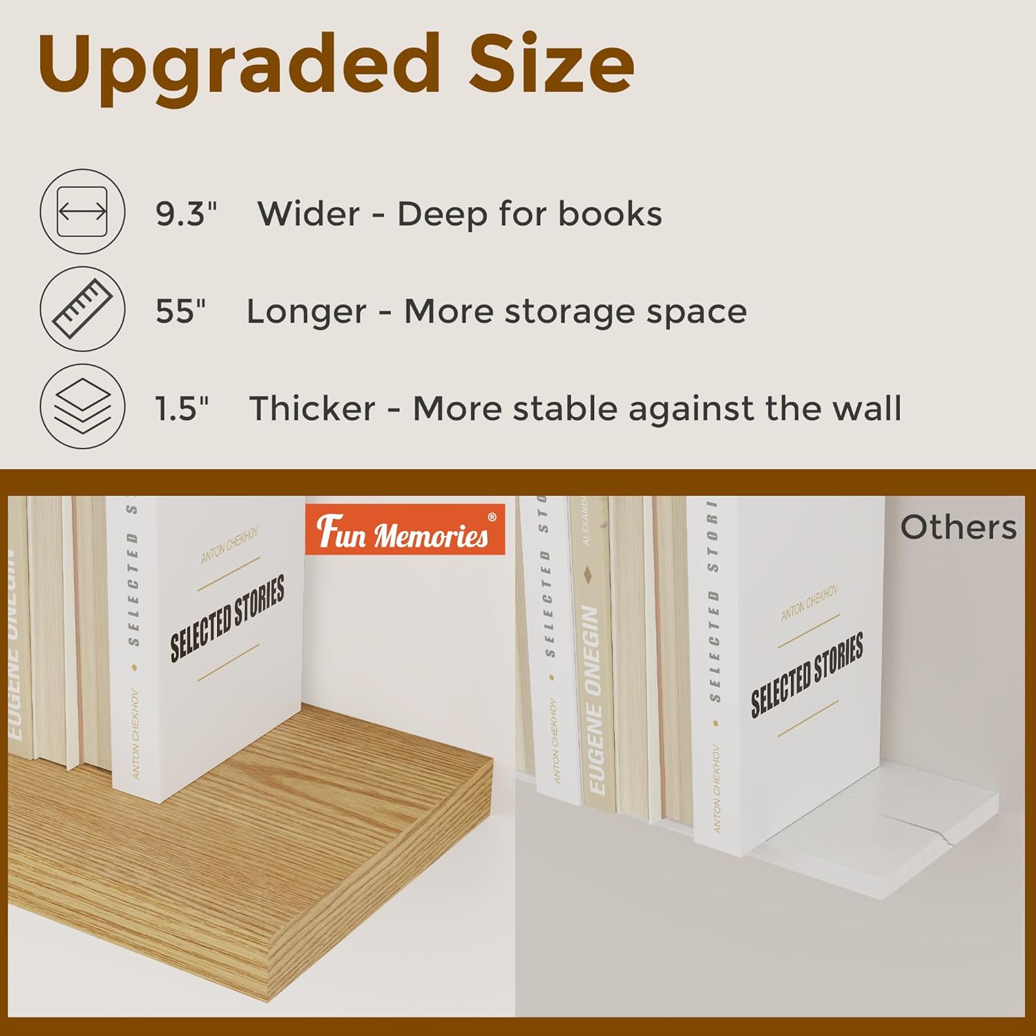 55 Inch Floating Shelves Set of 2, Rustic 55 x 9 Floating Shelf for Wall, 9 Inch Deep Wall Shelves