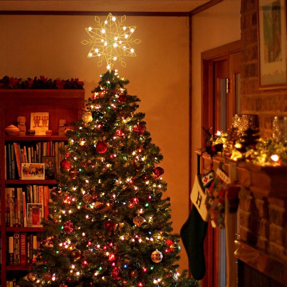 hogardeck Christmas Tree Topper, 10 Inches Lighted Gold Snow Tree Topper, 20 LED Lights Gold