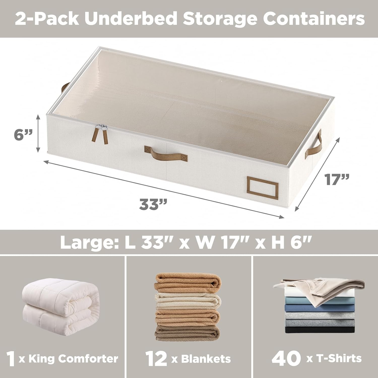 Under Bed Storage Containers, 2-Pack Underbed Storage Box, Collapsible Clothes Storage Bins with
