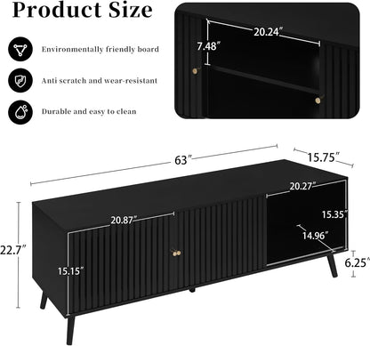 Mid Century Modern TV Stand for Televisions up to 70 Inches, with Sliding Doors and Storage