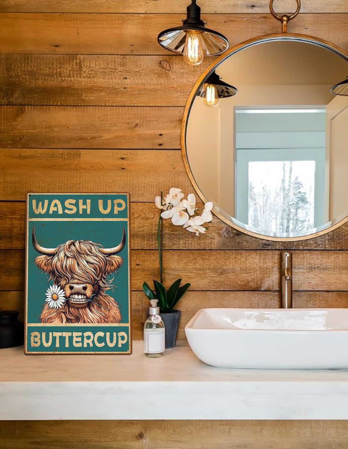ALKB Highland Cow Sign Bathroom Wall Cow Painting for Western & Highland Cow Lovers - Funny Wash Up