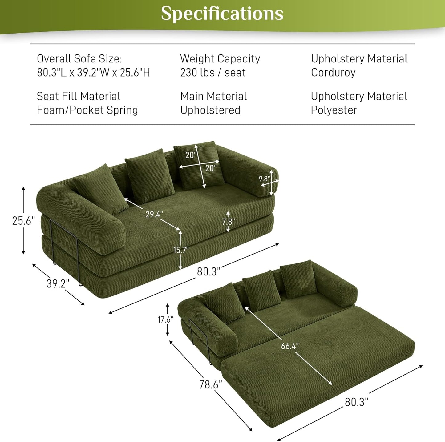 80.3" Convertible Sleeper Sofa Bed with Cylindrical Pillow, Corduroy Folding Mattress Couch with