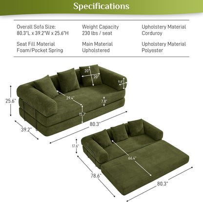 80.3" Convertible Sleeper Sofa Bed with Cylindrical Pillow, Corduroy Folding Mattress Couch with