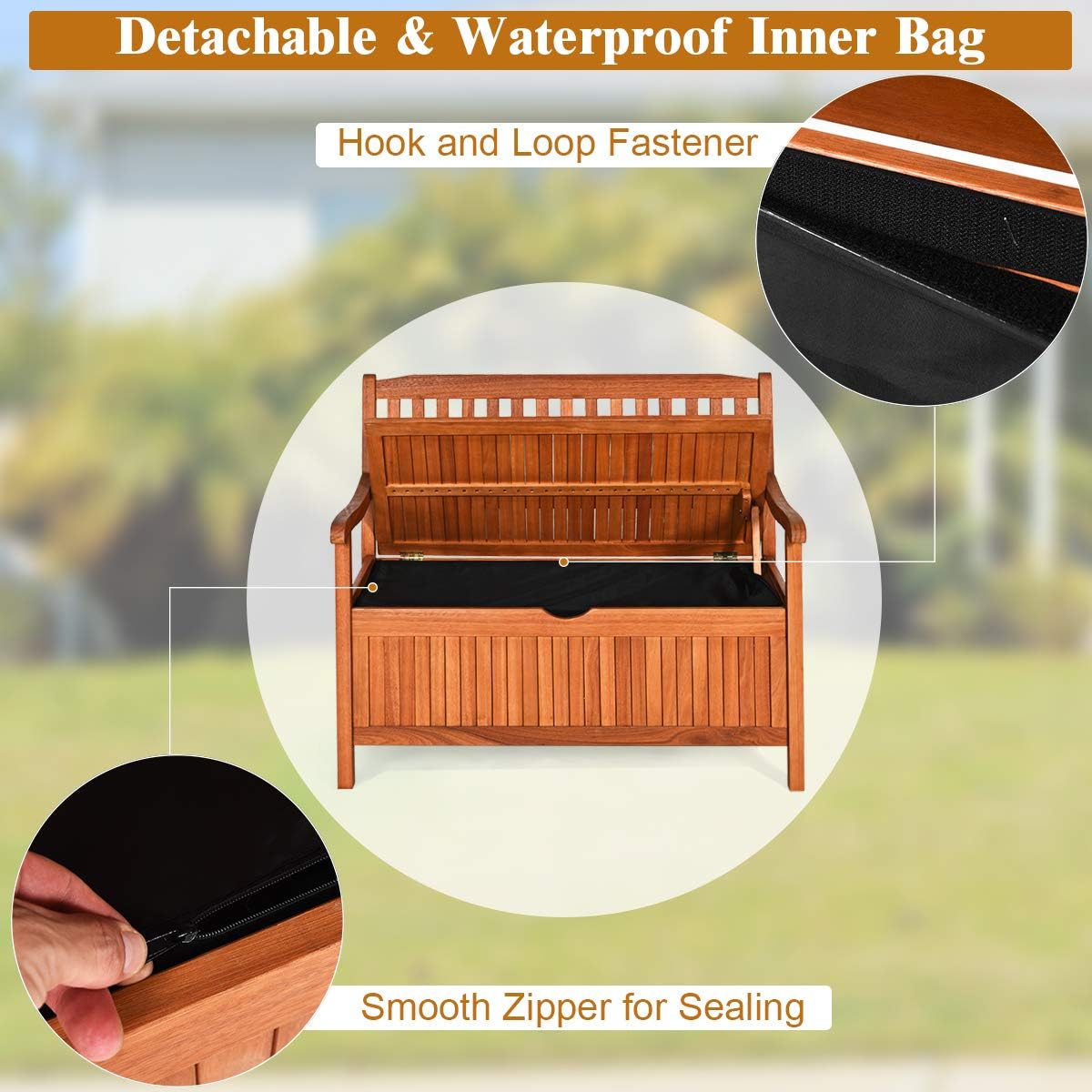 Tangkula Outdoor Wood Storage Bench Deck Box, Entryway Porch Storage Bench with Inner Removable