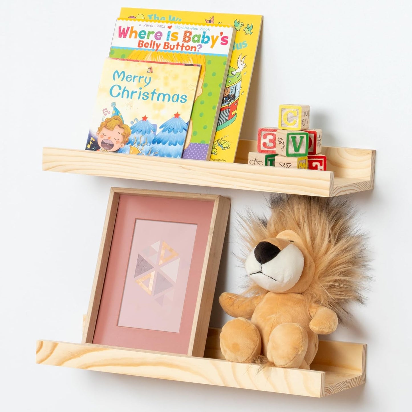 Picture Ledge Shelf for Wall, 16 inch Solid Pine Wood Nursery Book Shelves 2 Packs, Floating Ledge