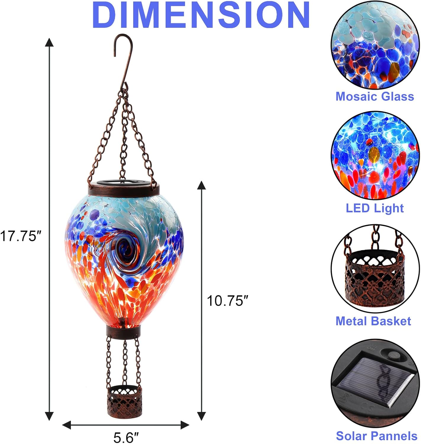 VOREEN Solar Hot Air Balloon Light – Handblown Colored Glass Outdoor Hanging Lantern for Garden