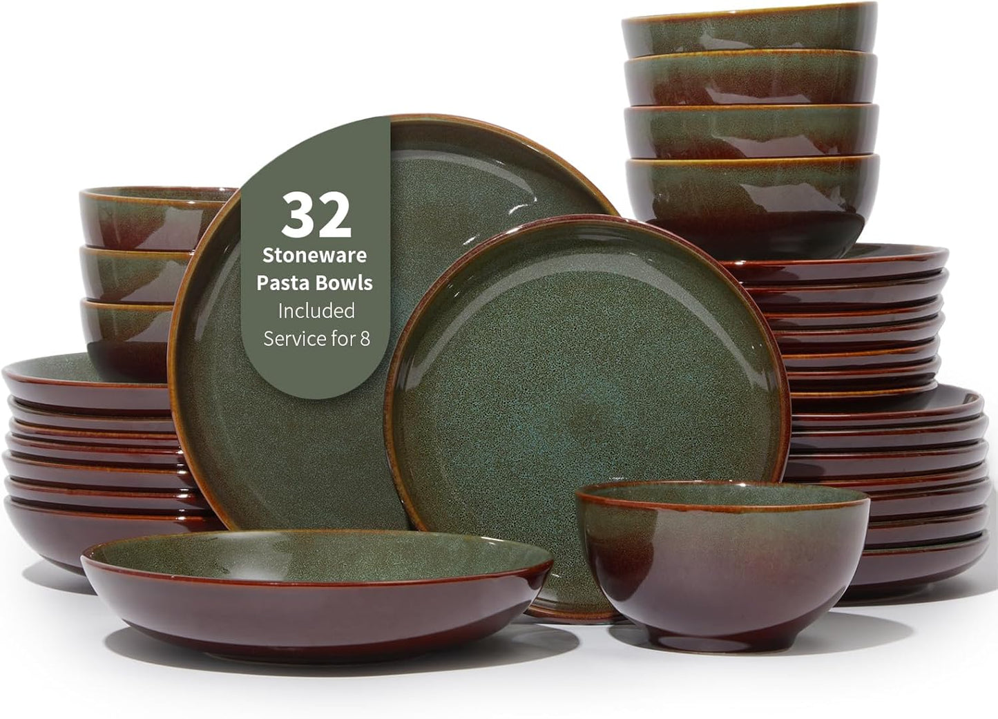 32 Piece Double Bowl Dinnerware Sets with Pasta Bowls, Highly Chip and Crack Resistant Plates and