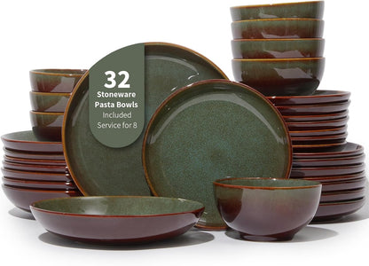32 Piece Double Bowl Dinnerware Sets with Pasta Bowls, Highly Chip and Crack Resistant Plates and