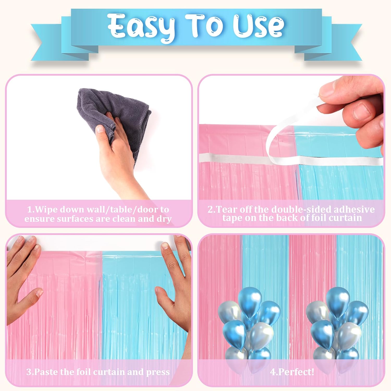 3 Pack 3.3 x 8.2 ft Pastel Blue and Pink Foil Fringe Backdrop Curtains, Tinsel Streamers Party