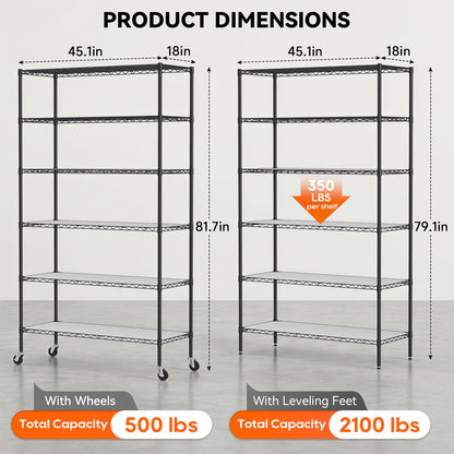 BestOffice | 6-Tier Wire Storage Shelves with PP Shim | 18x45x82 | Black
