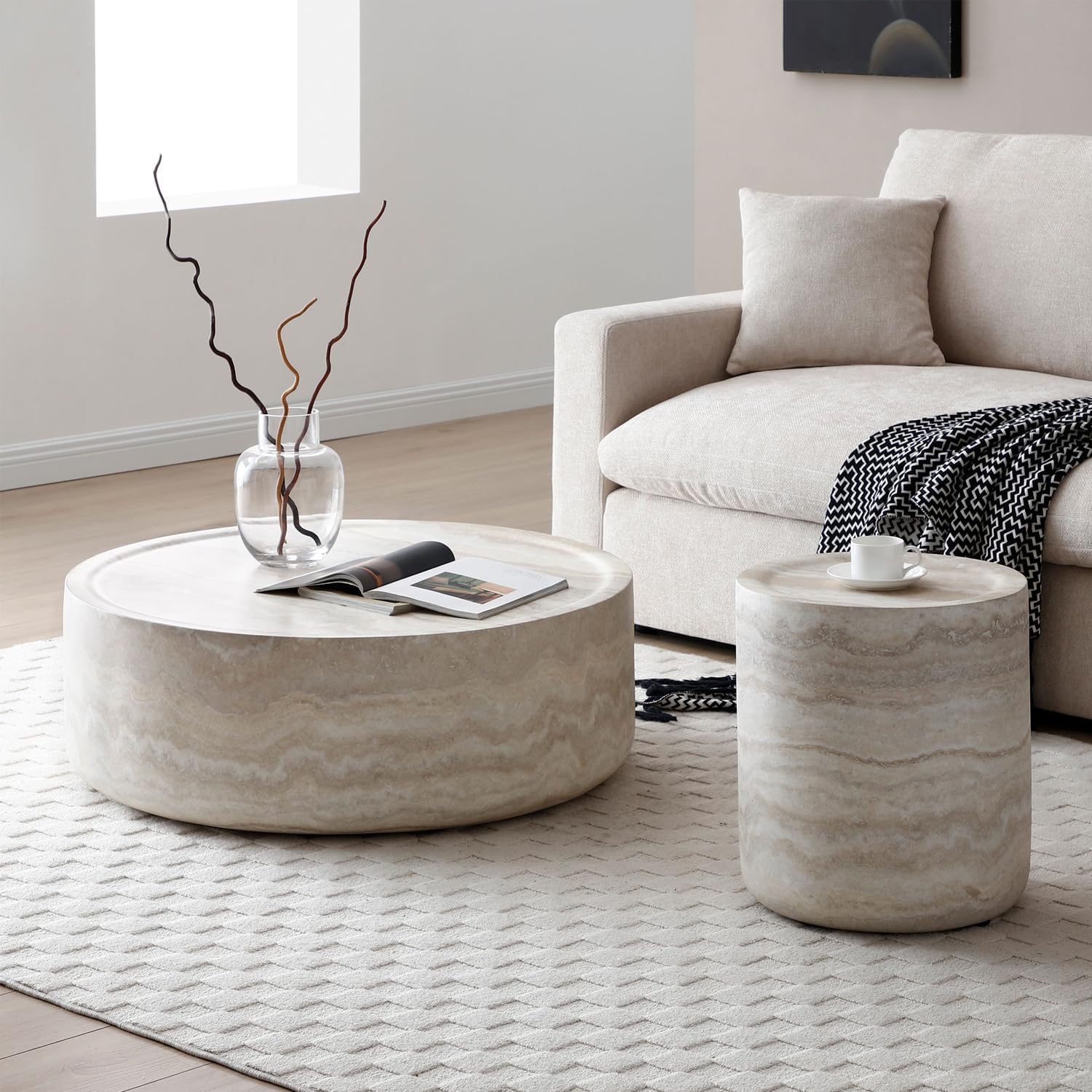 Faux Marble Coffee Table, Modern Round Coffee Table for Living Room, Circle Drum Coffee Side