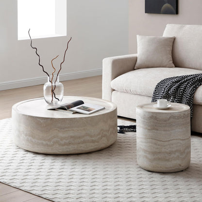 Faux Marble Coffee Table, Modern Round Coffee Table for Living Room, Circle Drum Coffee Side
