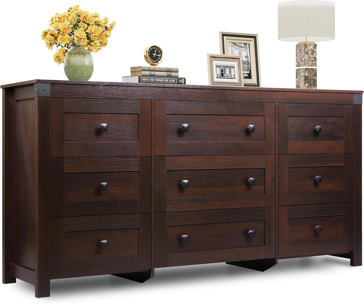 WLIVE Farmhouse Dresser for Bedroom, 63" Wide 9 Drawer Dresser Storage Organizer, Wood Chest of