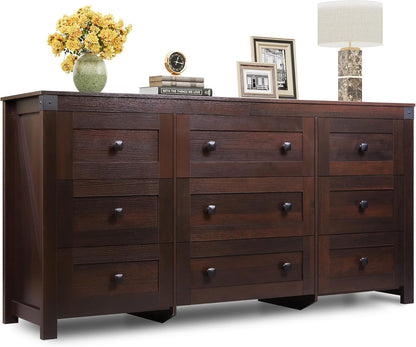 WLIVE Farmhouse Dresser for Bedroom, 63" Wide 9 Drawer Dresser Storage Organizer, Wood Chest of