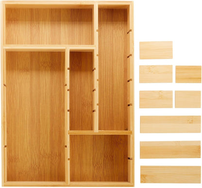 Juvale Drawer Organizer Tray - 14 x 10 x 2 In Brown Bamboo - 8 Adjustable Dividers for Custom