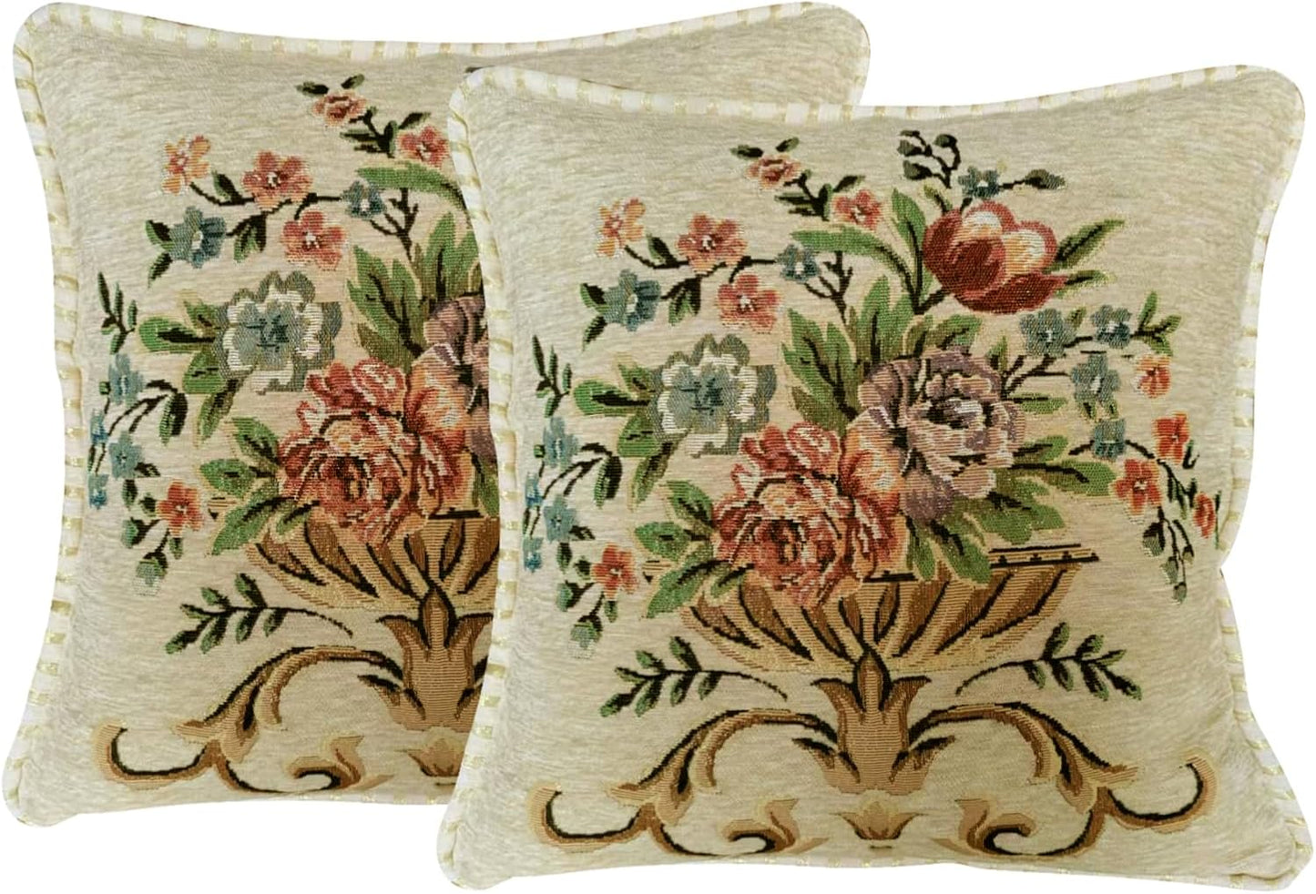 Set of 2 Beige Vintage Throw Pillows Covers 18x18in，Floral Embroidered Cushion Cover for Sofa