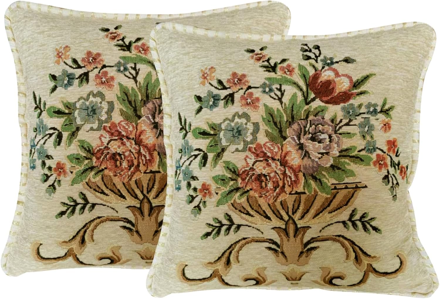 Set of 2 Beige Vintage Throw Pillows Covers 18x18in，Floral Embroidered Cushion Cover for Sofa