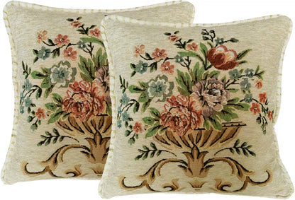 Set of 2 Beige Vintage Throw Pillows Covers 18x18in，Floral Embroidered Cushion Cover for Sofa