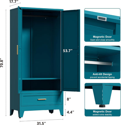 71'' Farmhouse Metal Wardrobe Cabinet with Hanging Rod, 2 Barn Door Wardrobe Closet with Adjustable