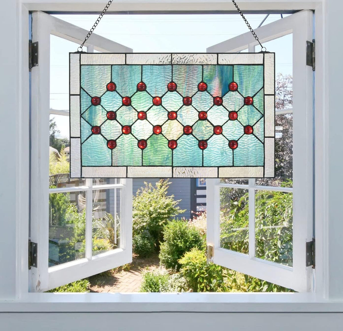 Tiffany Stained Glass 19.25" x 11.75" Window Panel, 100% Genuine Stained Glass and Cabochon
