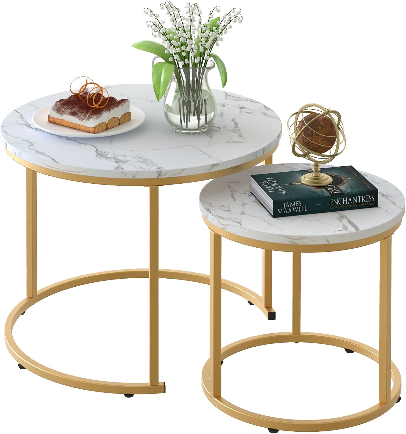 aboxoo Coffee Table Nesting White Set of 2 Side Set Golden Frame Circular Round and Marble Pattern