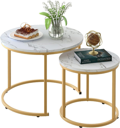 aboxoo Coffee Table Nesting White Set of 2 Side Set Golden Frame Circular Round and Marble Pattern