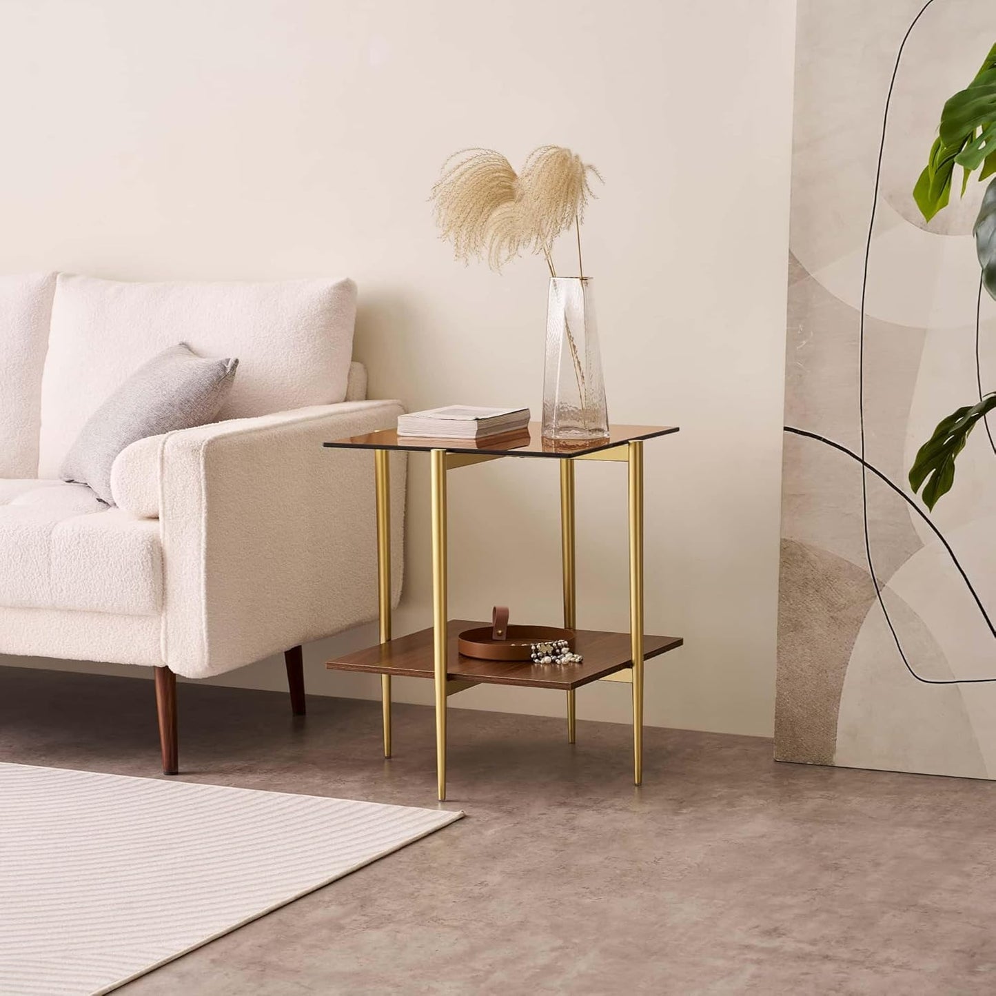 Glass End Table, Mid-Century Modern Design Sofa Table, L41 x W21 x H17, for Living Room, 2-Tier