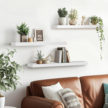 3-Pack Floating Wall Shelves, 24-Inch Rustic White Wooden Shelves for Storage and Décor, Easy