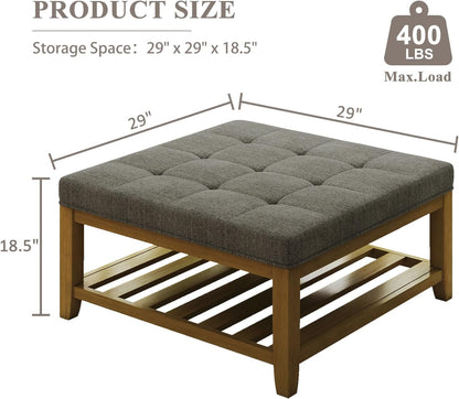 Large Square Ottoman Coffee Table, Linen Solid Upholstered Footrest Ottoman with Solid Wood Shelf