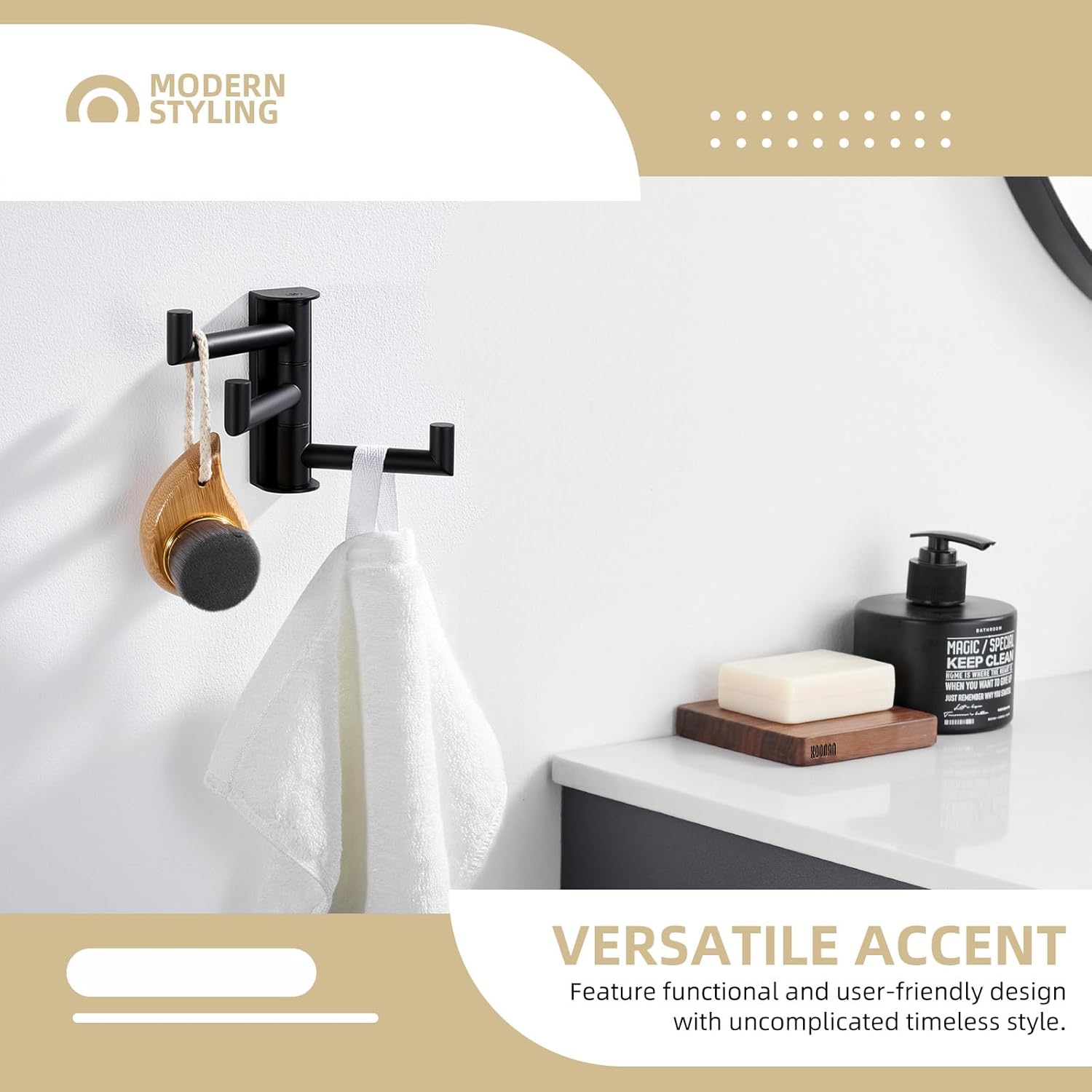 Angle Simple Swivel Towel Hook 3 Arms, SUS 304 Stainless Steel Foldable Bathroom Robe Towel Hook